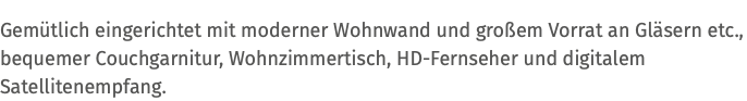 Gemütlich eingerichtet mit moderner Wohnwand und großem Vorrat an Gläsern etc., bequemer Couchgarnitur, Wohnzimmertisch, HD-Fernseher und digitalem Satellitenempfang.